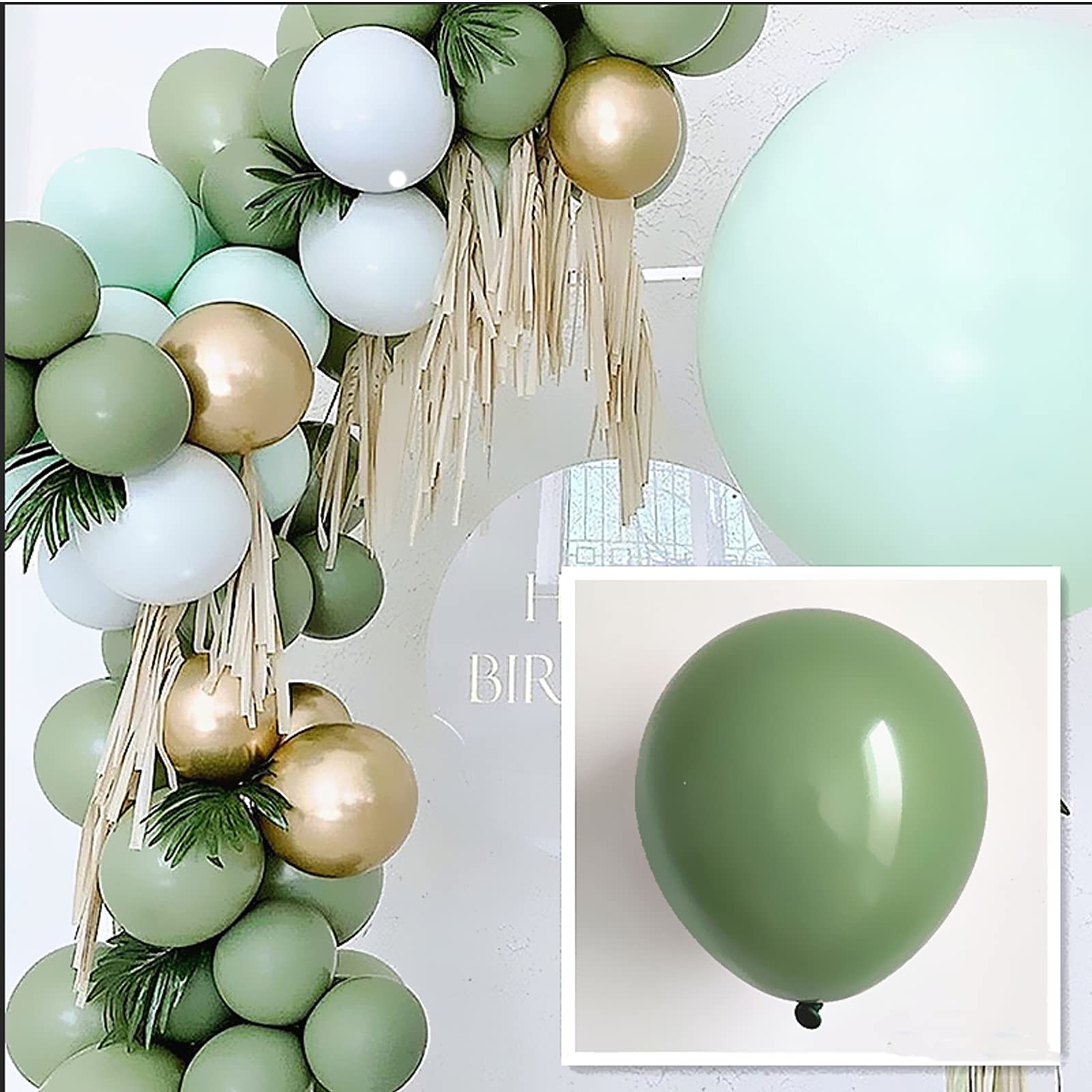 Matte Sage Green Pastel Blue Pastel Green Balloons with White Chrome Gold Balloons for Neutral Baby Shower Engagement Wedding Birthday Party Decorations 10inch Balloons 60 packs