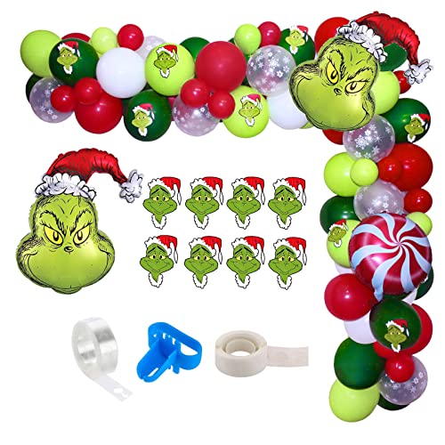 Christmas Balloon Garland Arch Kit, 113pcs Red Green Snowflake Balloon Arch with Candy Mylar Balloons for Kids Christmas Party, Grinchmas Party, Christmas Birthday Decorations, New Year Decor