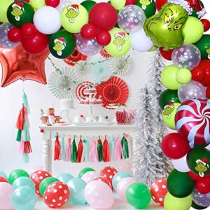 Christmas Balloon Garland Arch Kit, 113pcs Red Green Snowflake Balloon Arch with Candy Mylar Balloons for Kids Christmas Party, Grinchmas Party, Christmas Birthday Decorations, New Year Decor