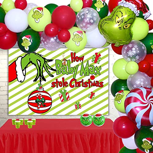 Christmas Balloon Garland Arch Kit, 113pcs Red Green Snowflake Balloon Arch with Candy Mylar Balloons for Kids Christmas Party, Grinchmas Party, Christmas Birthday Decorations, New Year Decor