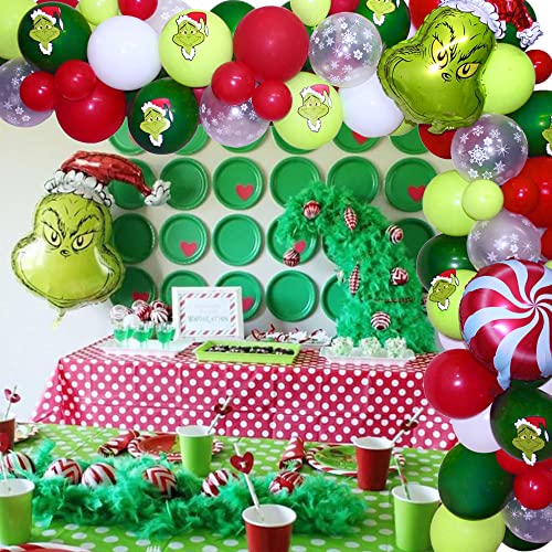 Christmas Balloon Garland Arch Kit, 113pcs Red Green Snowflake Balloon Arch with Candy Mylar Balloons for Kids Christmas Party, Grinchmas Party, Christmas Birthday Decorations, New Year Decor