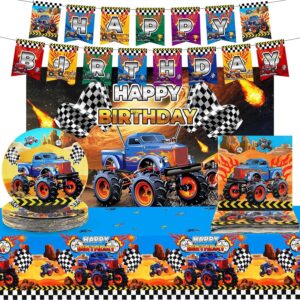 83pieces truck birthday party supplies, truck birthday party decorations include 1pc 5*3ft truck backdrop, 1pc 71*42inch tablecloth, 1pc banner, 40pcs 7" plates and napkins for boy birthday party
