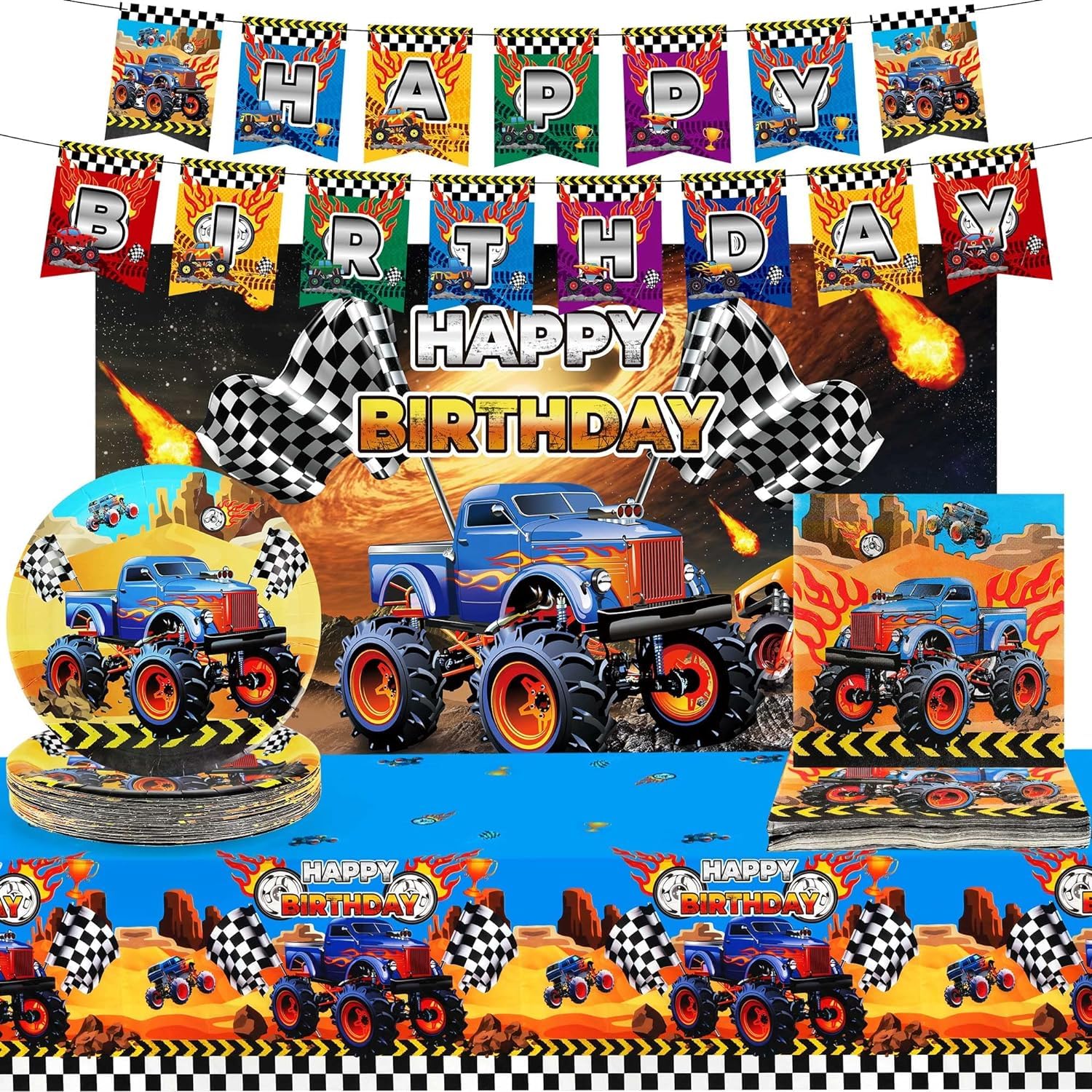 83Pieces Truck Birthday Party Supplies, Truck Birthday Party Decorations Include 1Pc 5*3FT Truck Backdrop, 1Pc 71*42inch Tablecloth, 1Pc Banner, 40Pcs 7" Plates and Napkins for Boy Birthday Party