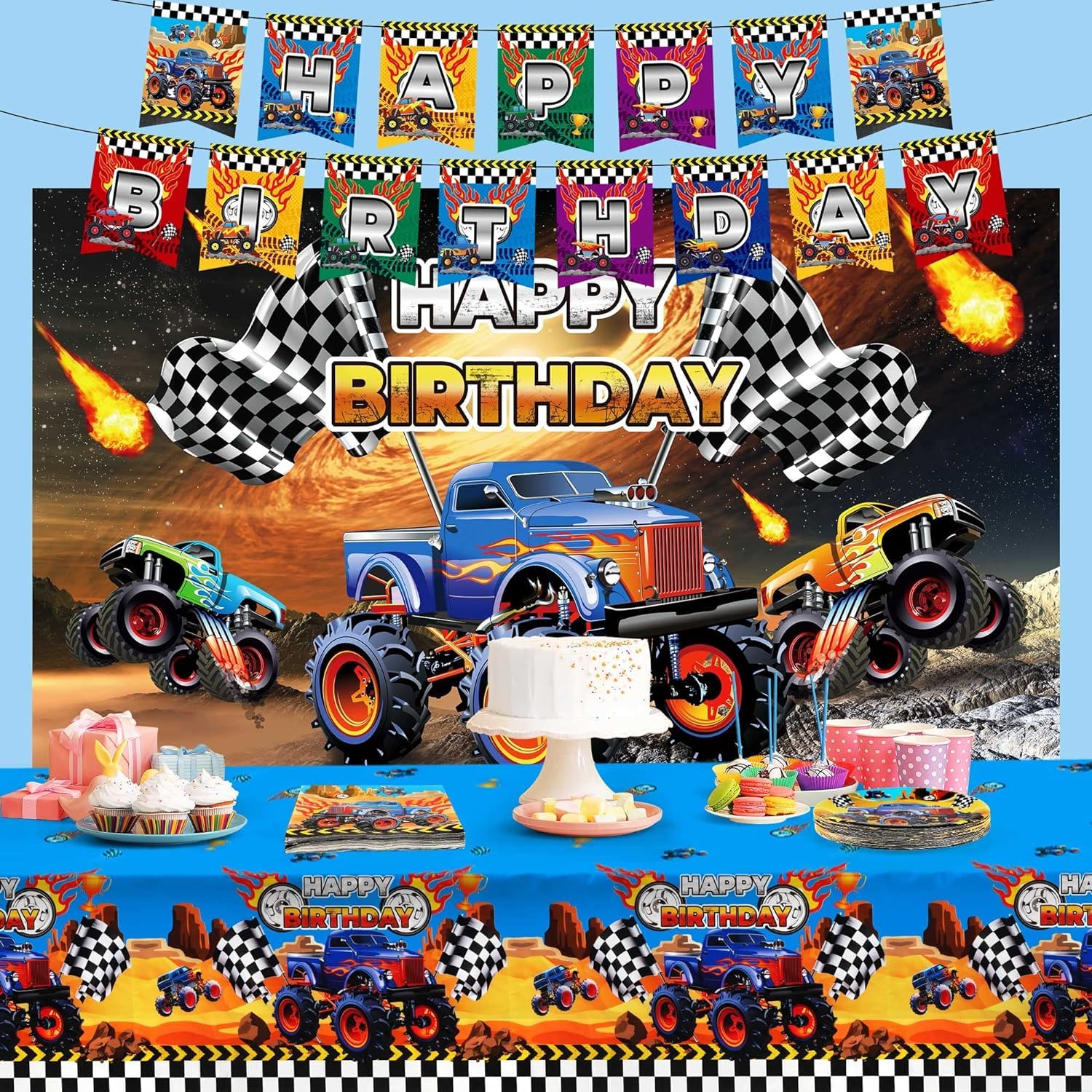 83Pieces Truck Birthday Party Supplies, Truck Birthday Party Decorations Include 1Pc 5*3FT Truck Backdrop, 1Pc 71*42inch Tablecloth, 1Pc Banner, 40Pcs 7" Plates and Napkins for Boy Birthday Party