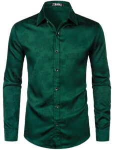 zeroyaa men's hipster floral jacquard long sleeve satin silk like button up dress shirts for party prom zhcl55 dark green small