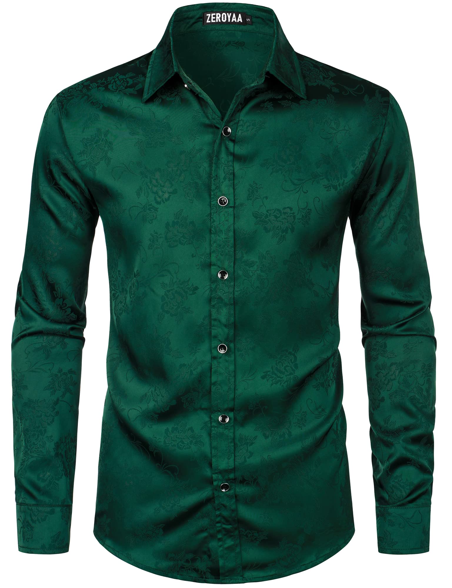 ZEROYAA Men's Hipster Floral Jacquard Long Sleeve Satin Silk Like Button Up Dress Shirts for Party Prom ZHCL55 Dark Green Small