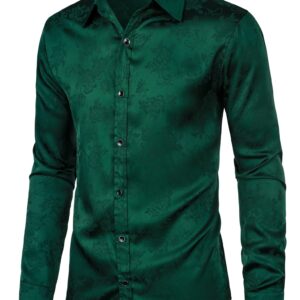 ZEROYAA Men's Hipster Floral Jacquard Long Sleeve Satin Silk Like Button Up Dress Shirts for Party Prom ZHCL55 Dark Green Small