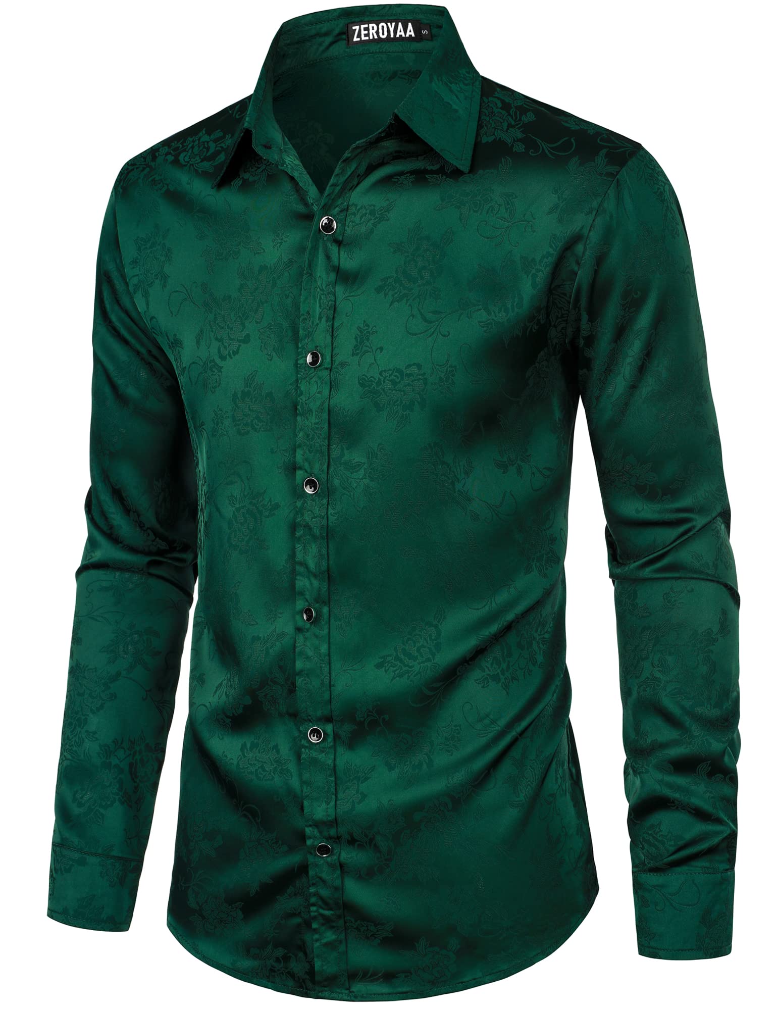 ZEROYAA Men's Hipster Floral Jacquard Long Sleeve Satin Silk Like Button Up Dress Shirts for Party Prom ZHCL55 Dark Green Small