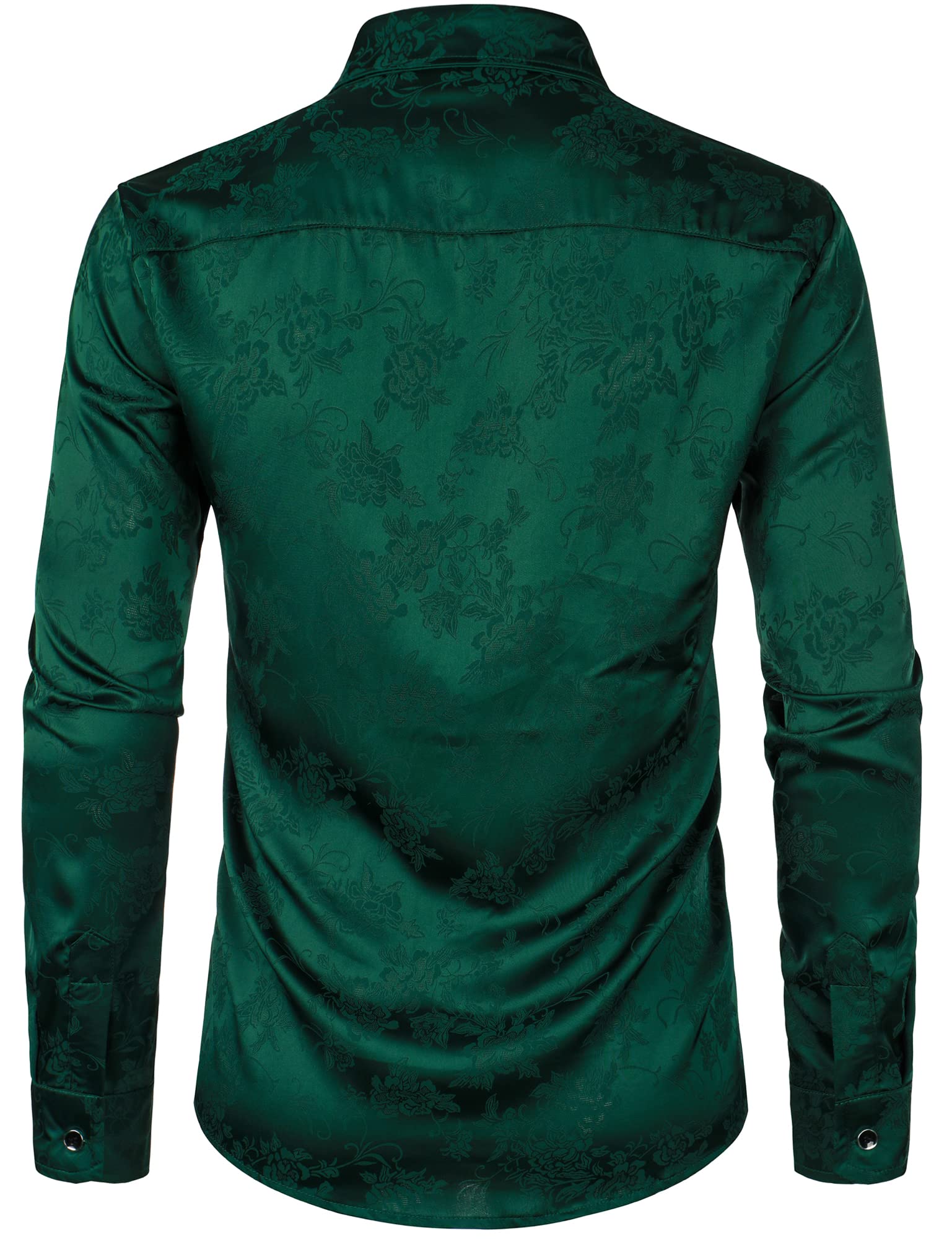 ZEROYAA Men's Hipster Floral Jacquard Long Sleeve Satin Silk Like Button Up Dress Shirts for Party Prom ZHCL55 Dark Green Small