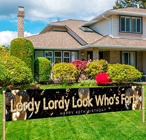 9.8 X 1.6 ft Large Lordy Lordy Look Who's 40 Sign Banner Funny Forty Birthday Decoration for Indoor Outdoor Happy 40th Birthday Yard Banner Decoration 40th Birthday Party Supplies Decorations