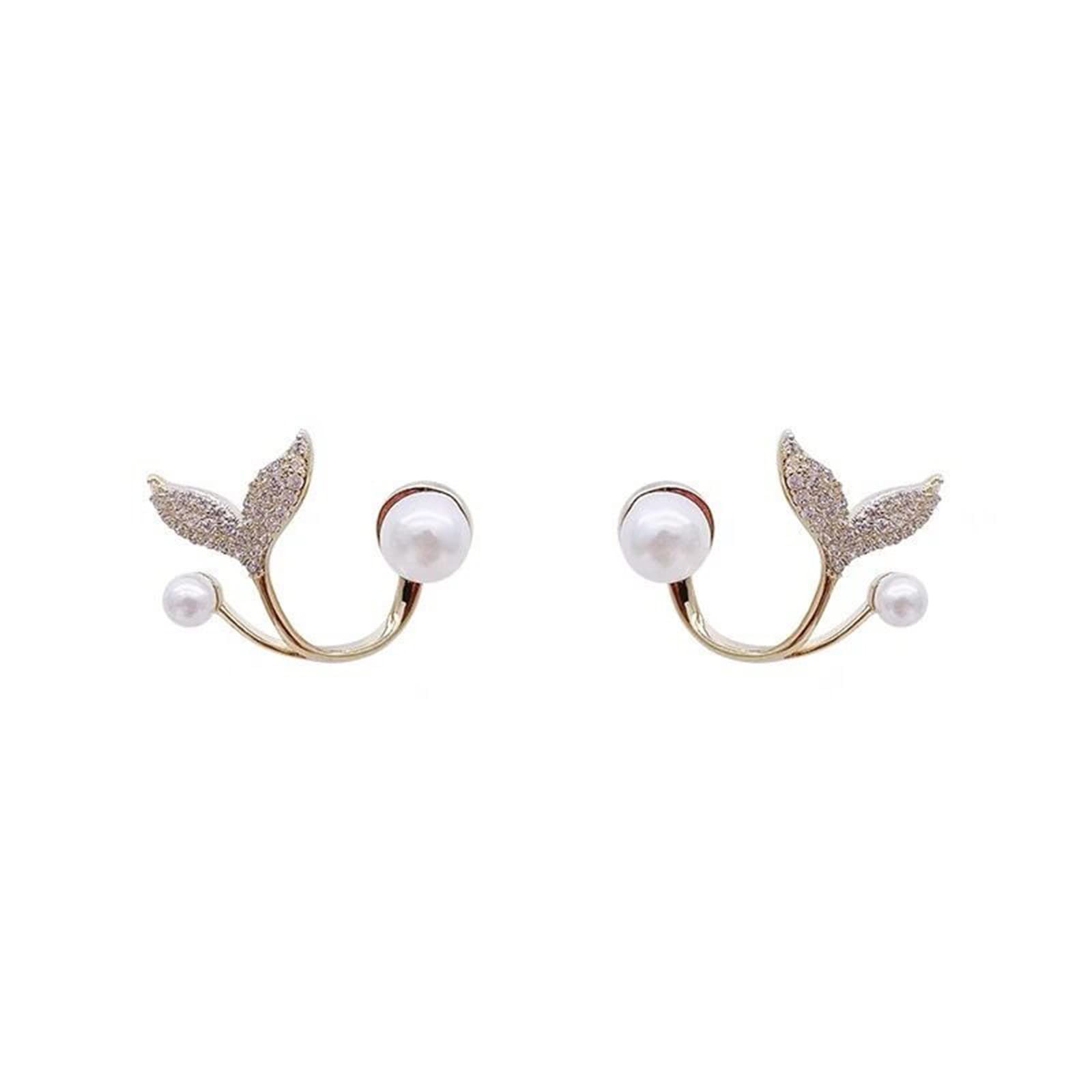 Allereyae Vintage Crystal Fish Tail Ear Jacket Earrings Gold Mermaid Pearl Studs Earrings Whale Tail Earrings Front Back Earrings Jewelry for Women and Girls Gift