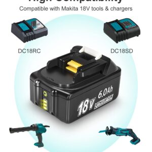 2-Pack 18V 6000mAh Battery Replacement for Makita 18V Battery Kit and Charger with Tool Bag Included Compatible with Makita BL1830B BL1840B BL1850B BL1860B，More