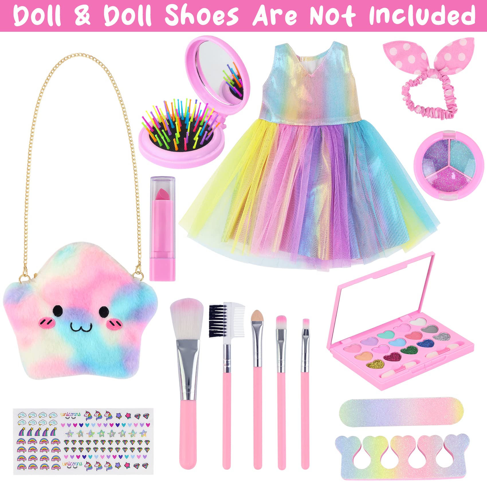 UNICORN ELEMENT 15 Pcs 18 Inch Doll Accessories - Dress with Makeup Set for Generation Dolls - Clothes and Accessories (Doll Not Included)