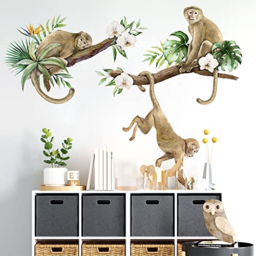 Mfault Monkey Climbing Tree Wall Decals Stickers, Jungle Animals Nursery Decorations Baby Boys Girls Bedroom Art, Kids Toddlers Room Playroom Classroom Daycare Decor