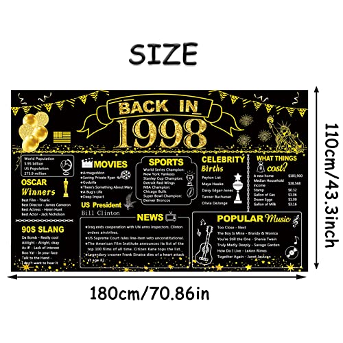 DARUNAXY 26th Birthday Black Gold Party Decoration, Back in 1998 Banner 26 Year Old Birthday Party Poster Supplies Vintage 1998 Backdrop Photography Background for Men & Women 26th Class Reunion Decor