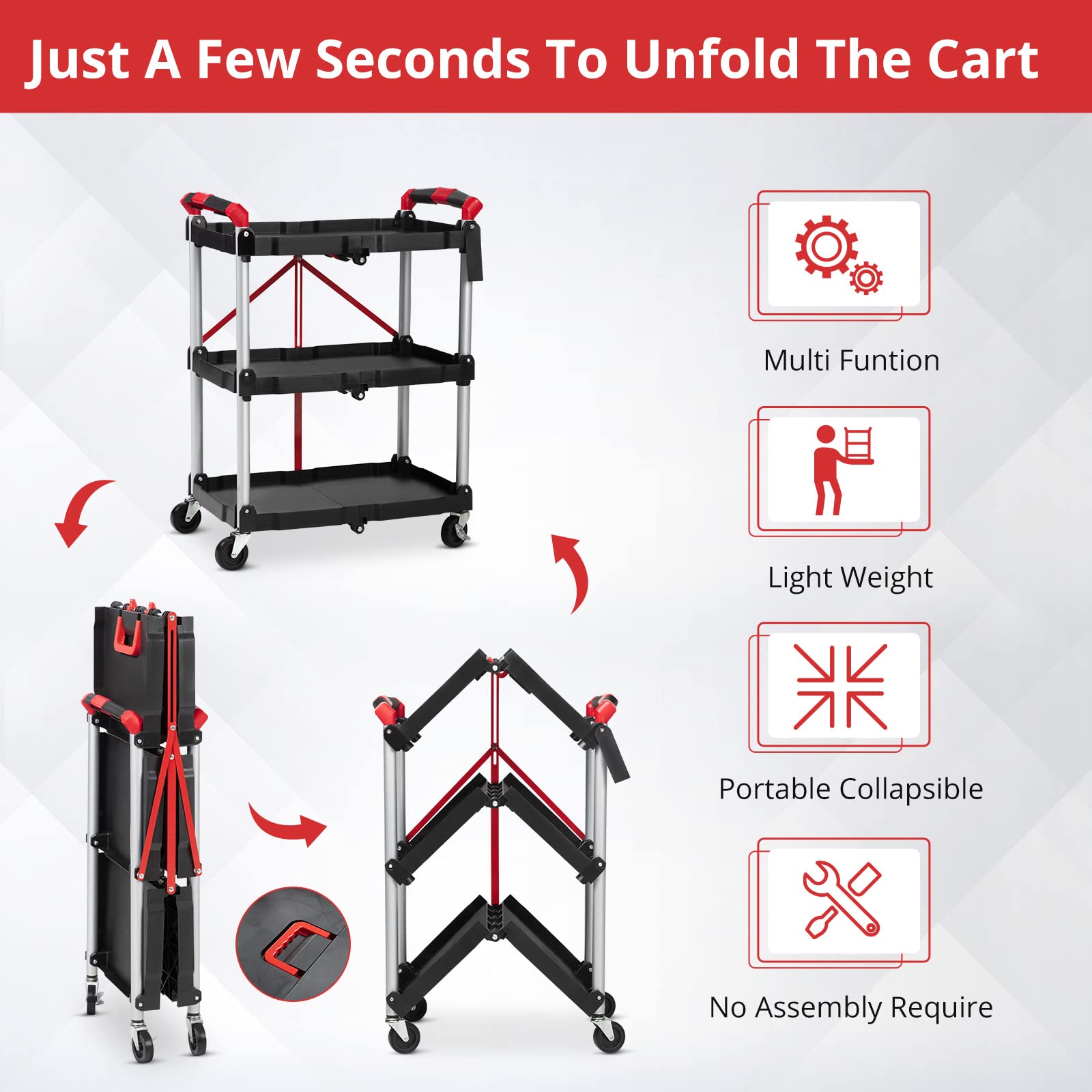 Towallmark Portable Folding Service Cart, 3 Tier Folding Utility Cart, Collapsible Utility Carts for Office, Warehouse, and Home, 56 Lbs Load Capacity per Shelf (Black & Red)