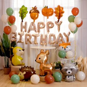 forest animal birthday balloons,rose gold happy birthday balloons banner,kid's party decorations for girls and boys,green leaves aluminum film balloons