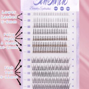Saibinuo 240pcs Mixed Pack C Curl False Eyelash Extension Individual Lashes Lower Bottom Lash (5-6mm) Fairy Style A Shape (10-12mm) Fish Tail (9-11mm) Natural Clusters, 240 Count (Pack of 1).