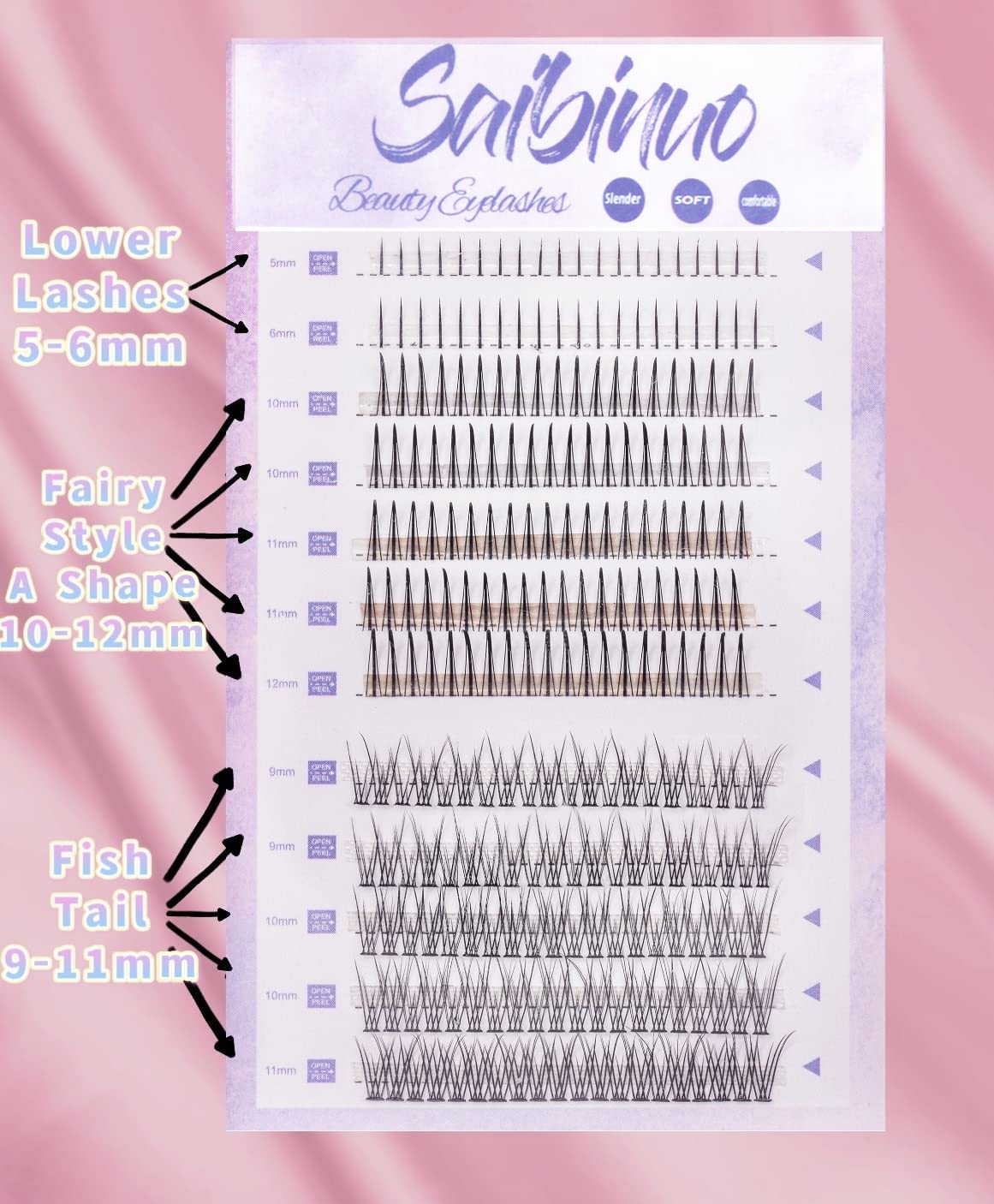 Saibinuo 240pcs Mixed Pack C Curl False Eyelash Extension Individual Lashes Lower Bottom Lash (5-6mm) Fairy Style A Shape (10-12mm) Fish Tail (9-11mm) Natural Clusters, 240 Count (Pack of 1).