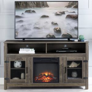 Modern 65" Fireplace TV Stand Farmhouse TV Stand with 23''Electric Fireplace,Storage Cabinet and Adjustable Shelves for Living Room,Bedroom(Grey)