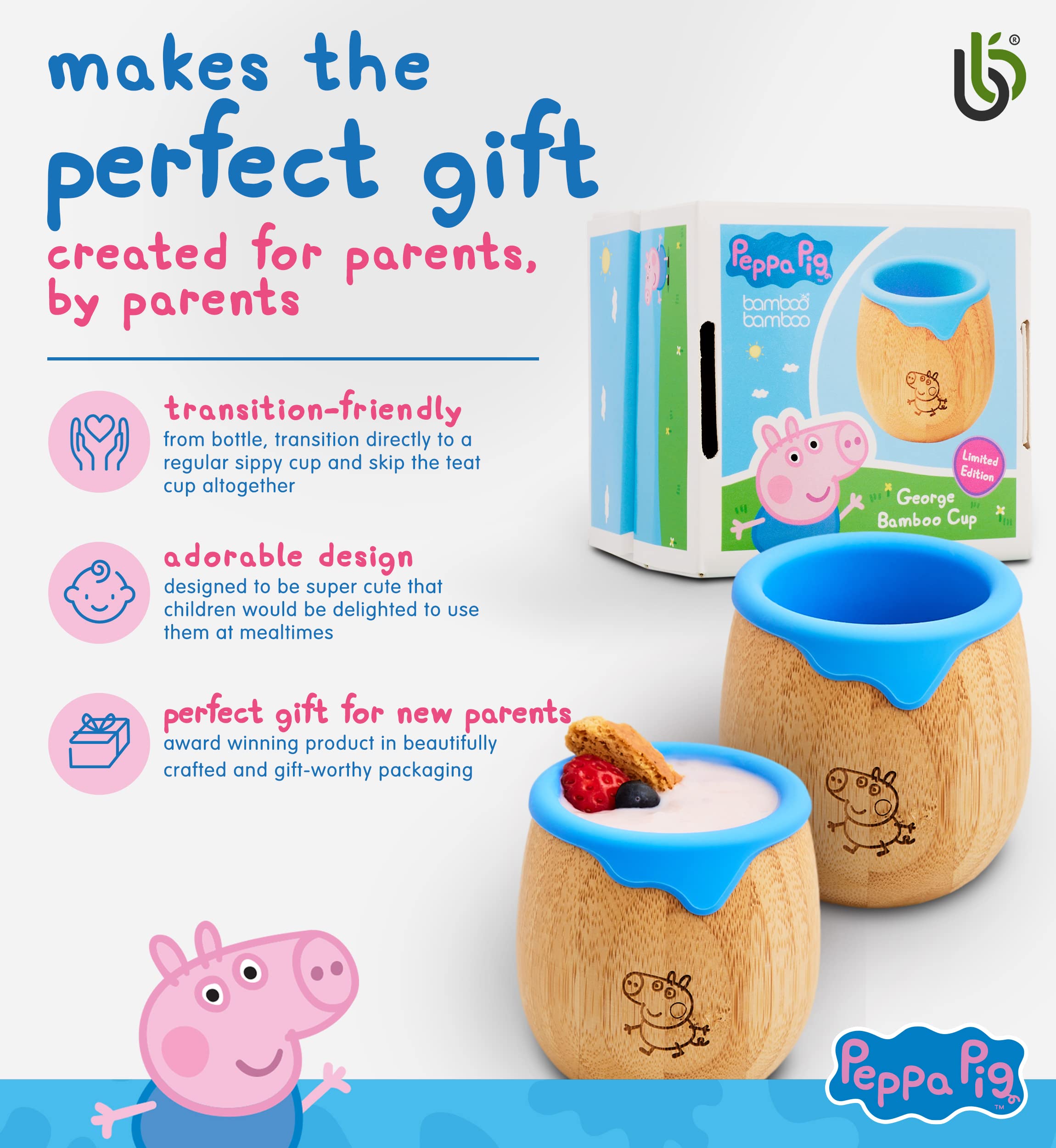 Peppa Pig Toddler Cup for Kids – 150ml Bamboo Cup for Baby with Silicone Liner | Transition Sippy Cup | Snack Cup | Ideal for Baby-Led Weaning | Promotes Drinking and Oral Motor Skills