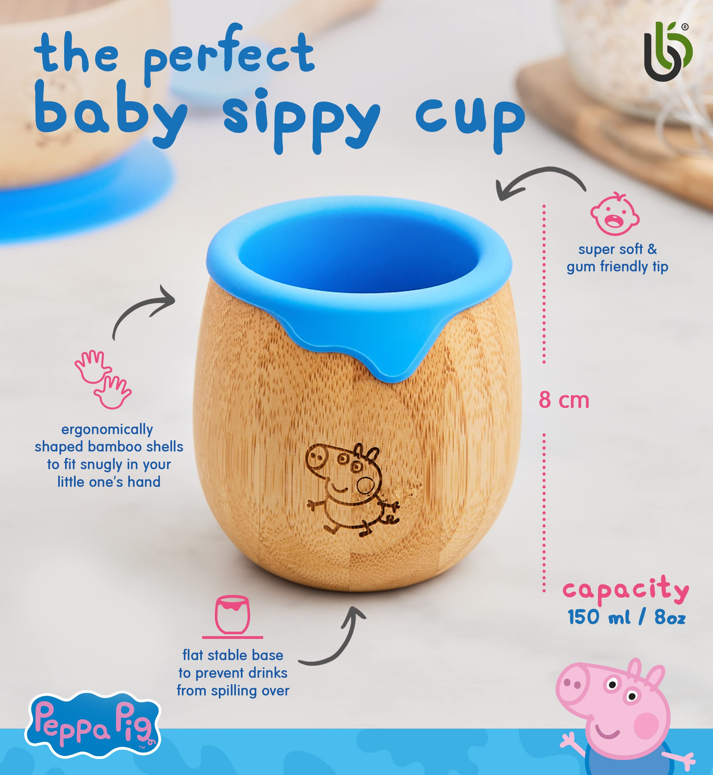 Peppa Pig Toddler Cup for Kids – 150ml Bamboo Cup for Baby with Silicone Liner | Transition Sippy Cup | Snack Cup | Ideal for Baby-Led Weaning | Promotes Drinking and Oral Motor Skills