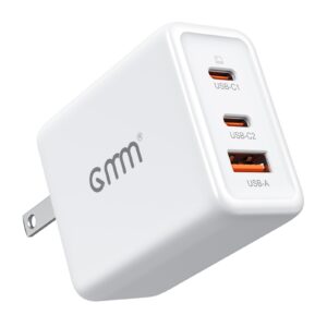 gmm dual usb c charger, 65w 3 ports gan fast charger block, compact foldable wall charger for macbook pro/air, iphone 15 14, apple watch, ipad pro, galaxy s23, pixel etc