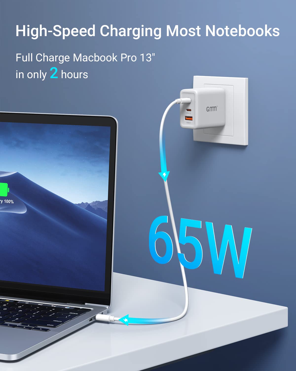 GMM Dual USB C Charger, 65W 3 Ports GaN Fast Charger Block, Compact Foldable Wall Charger for MacBook Pro/Air, iPhone 15 14, Apple Watch, iPad Pro, Galaxy S23, Pixel etc