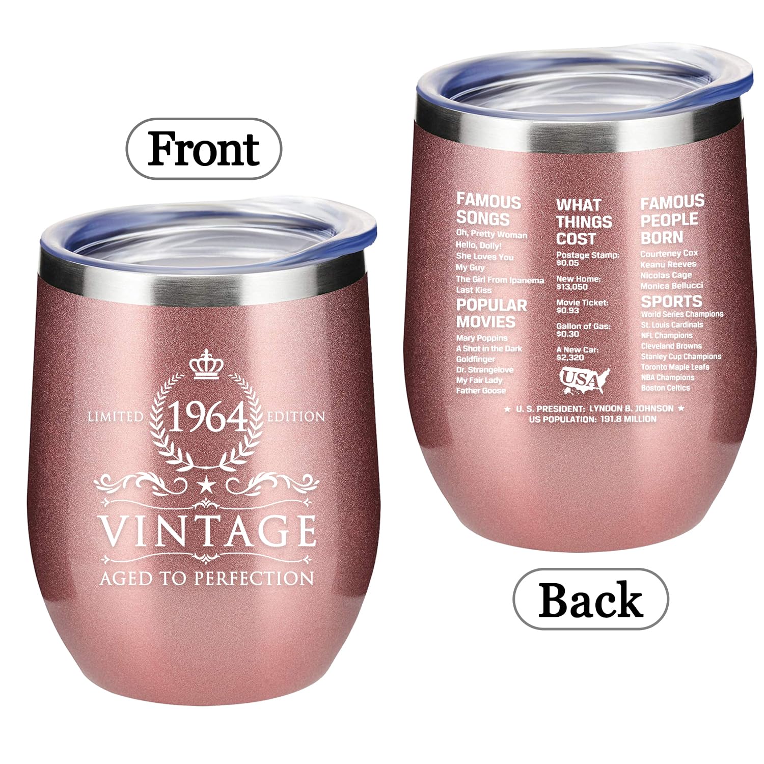 60th Birthday Gifts for Women and Men - 1964 60th Birthday Decorations - 12 Oz Insulated Stainless Steel Wine Tumbler with Lid for Her Wife Mom Grandma Aunt Friend, Rose Gold