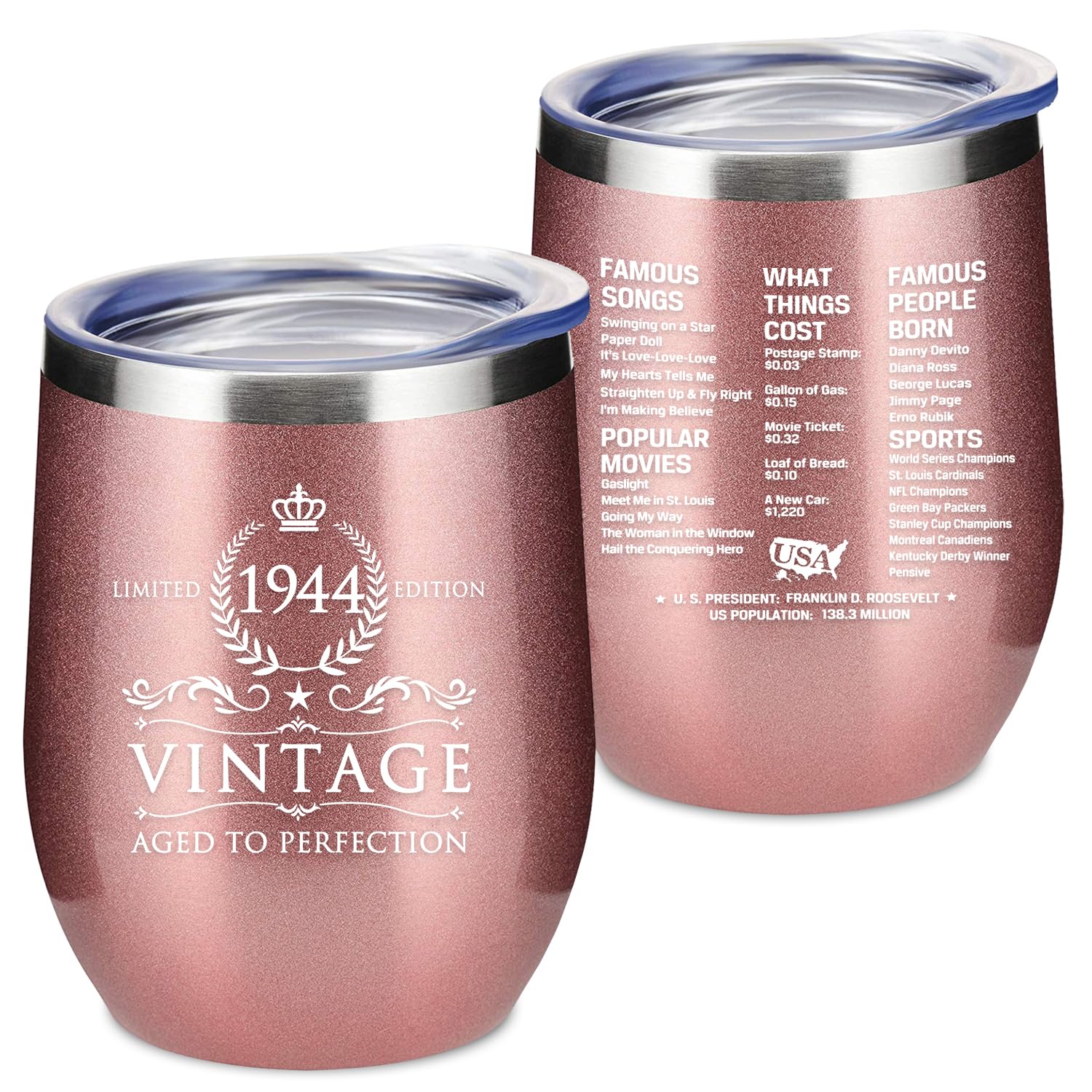 80th Birthday Gifts for Women and Men - 1944 80th Birthday Decorations - 12 Oz Insulated Stainless Steel Wine Tumbler with Lid for Her Wife Mom Grandma Aunt Friend, Rose Gold