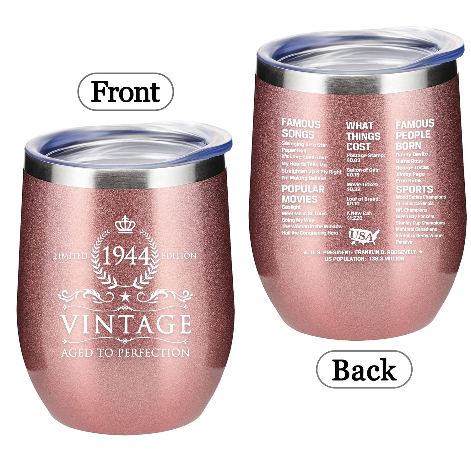 80th Birthday Gifts for Women and Men - 1944 80th Birthday Decorations - 12 Oz Insulated Stainless Steel Wine Tumbler with Lid for Her Wife Mom Grandma Aunt Friend, Rose Gold