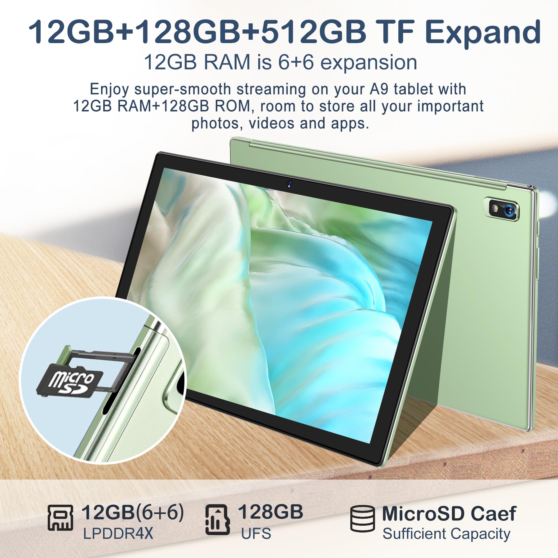 Oangcc Android 13 Tablet 10 Inch 2024 Latest with 12GB(6+6 Expand)+128GB Keyboard Mouse WiFi Bluetooth GPS 512GB Expand Support, Dual Camera Computer Tablets with Case - Green