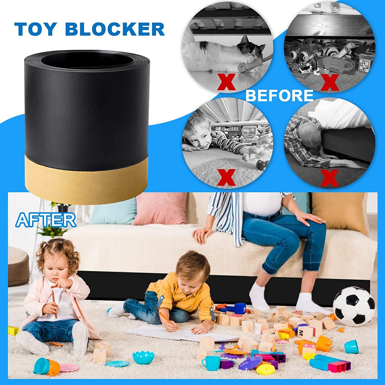 Toy Blocker, PVC Under Sofa Toy Blocker Cuttable Under Couch Blocker, Self-Adhesive Gap Bumper Under Sofa,Toy Blocker Avoid Things Sliding Under Furniture