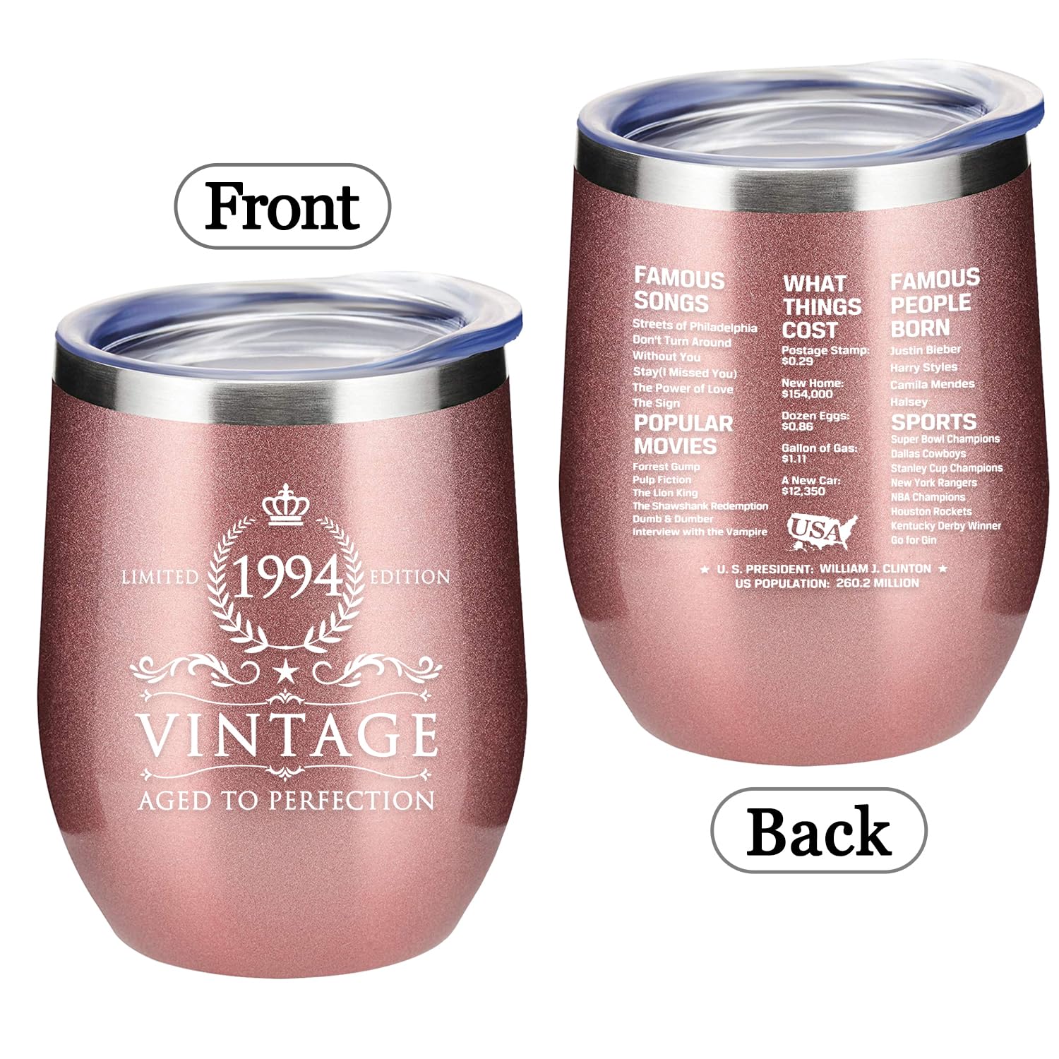 Greatingreat 30th Birthday Gifts for Women and Men - 1994 30th Birthday Decorations - 12 Oz Insulated Stainless Steel Wine Tumbler with Lid for Her Wife Mom Aunt Friend, Rose Gold