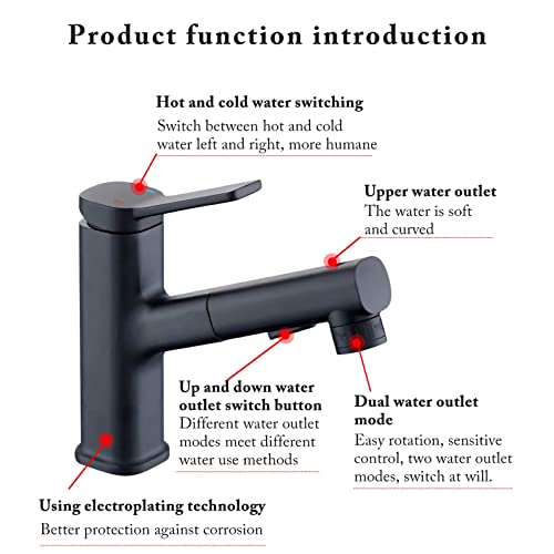 Bathroom Faucets with Pull Down Sprayer Single Handle Pull Out Bathroom Faucet Black Bathroom Sink Faucet Stainless Steel Bathroom Faucets Suitable for Hot and Cold Water