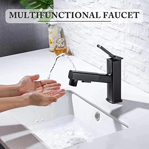 Bathroom Faucets with Pull Down Sprayer Single Handle Pull Out Bathroom Faucet Black Bathroom Sink Faucet Stainless Steel Bathroom Faucets Suitable for Hot and Cold Water