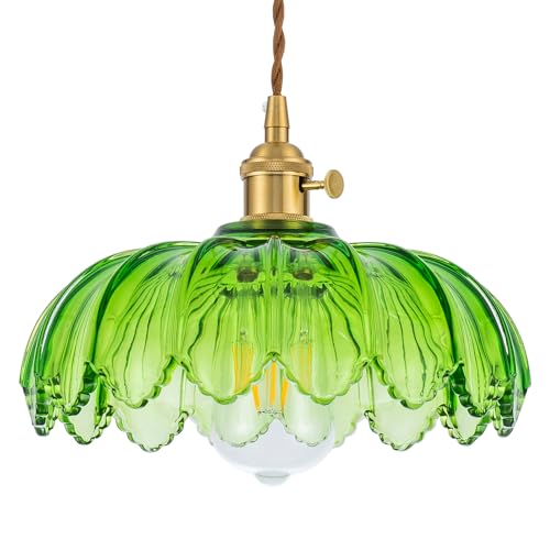 LYE Glass Pendant Light Fixture Vintage Farmhouse Retro Green Glass Golden Pendant Lighting Mid Century Modern Copper Green Glass Pendant Light for Kitchen Island, Dining Room, Bar, Bedroom