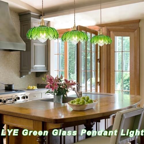 LYE Glass Pendant Light Fixture Vintage Farmhouse Retro Green Glass Golden Pendant Lighting Mid Century Modern Copper Green Glass Pendant Light for Kitchen Island, Dining Room, Bar, Bedroom