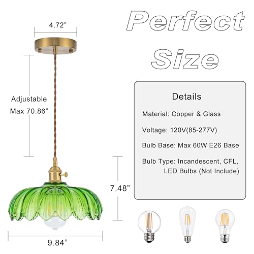 LYE Glass Pendant Light Fixture Vintage Farmhouse Retro Green Glass Golden Pendant Lighting Mid Century Modern Copper Green Glass Pendant Light for Kitchen Island, Dining Room, Bar, Bedroom