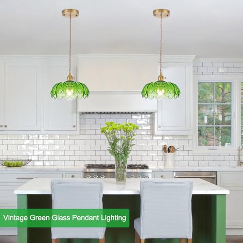 LYE Glass Pendant Light Fixture Vintage Farmhouse Retro Green Glass Golden Pendant Lighting Mid Century Modern Copper Green Glass Pendant Light for Kitchen Island, Dining Room, Bar, Bedroom