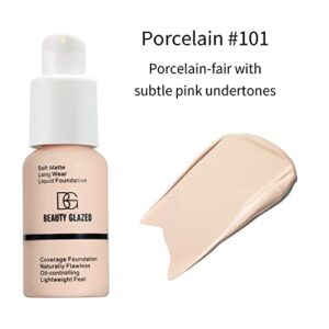 Beauty Glazed Soft Matte Silky Full Coverage Liquid Foundation, Multi-Use Buildable Foundation Lightweight Feel Oil Control Longwear Naturally Flawless Coverage Foundation (101 Porcelain)