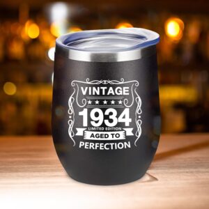 90th Birthday Gifts for Women and Men - 1934 90th Birthday Decorations - 12 Oz Insulated Stainless Steel Wine Tumbler with Lid for Her Wife Mom Grandma Aunt Friend, Black