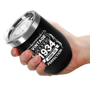 90th Birthday Gifts for Women and Men - 1934 90th Birthday Decorations - 12 Oz Insulated Stainless Steel Wine Tumbler with Lid for Her Wife Mom Grandma Aunt Friend, Black