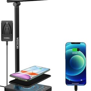 VICOODA LED Desk Lamp, Desk Lamp with Wireless Charger, USB Charging Port, Eye-Caring Table Lamp, 5 Color Modes & 7-Level Brightness, Touch Desk Light with Timer, Desk Lamps for Home Offic (Black)