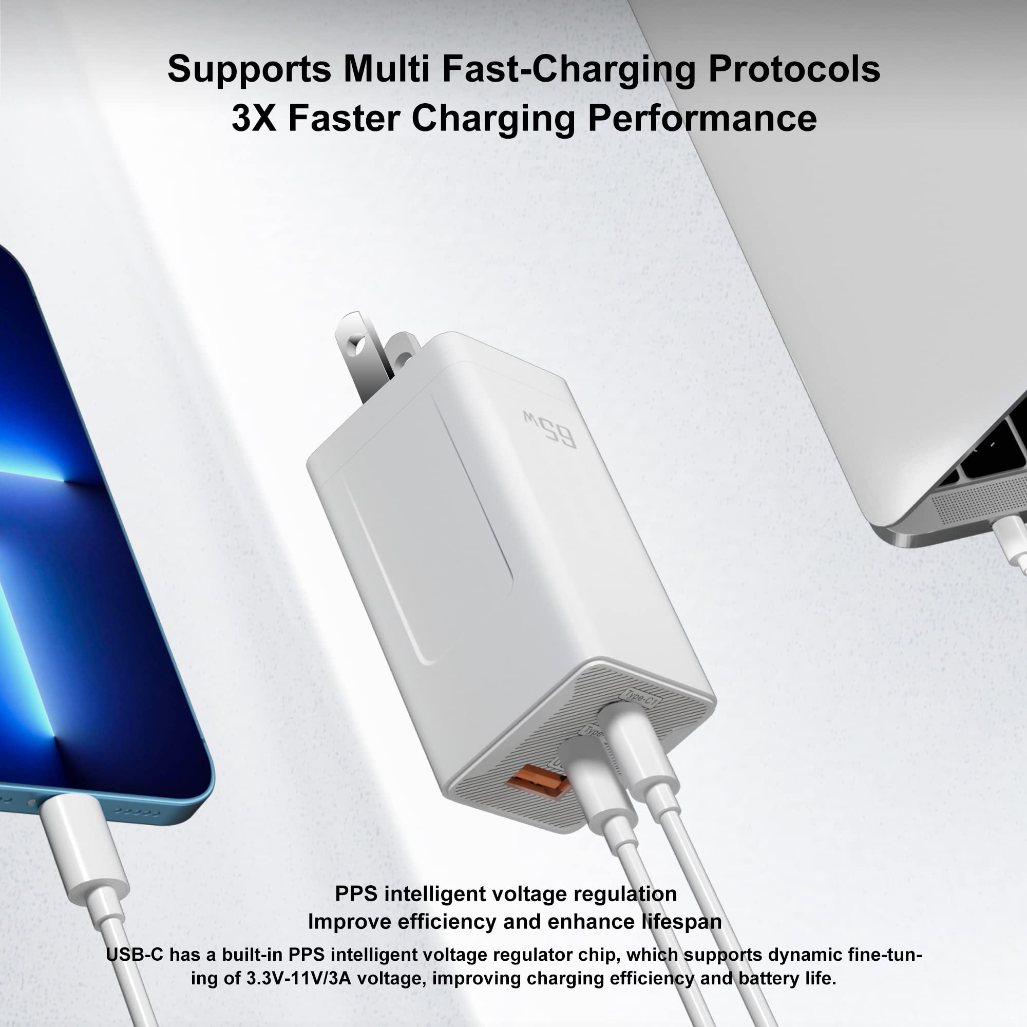 65W USB C Wall Charger Block Support Three Port Fast Charging with 5FT Type C Cable Compatible Samsung Galaxy S22/S22+/S22Ultra/S21/S21+/S20/S20+/S10/S10e/S9/S9 Plus/S8/S8 Plus/Note 20/Note 10