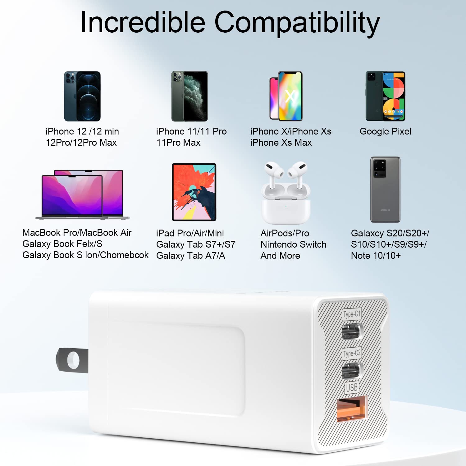 65W USB C Wall Charger Block Support Three Port Fast Charging with 5FT Type C Cable Compatible Samsung Galaxy S22/S22+/S22Ultra/S21/S21+/S20/S20+/S10/S10e/S9/S9 Plus/S8/S8 Plus/Note 20/Note 10