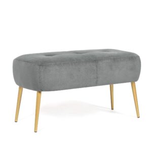 adeco upholstered velvet ottoman, 33 inch entryway, end of bed benches stool with golden metal legs for bedroom, living room footrest, grey-2