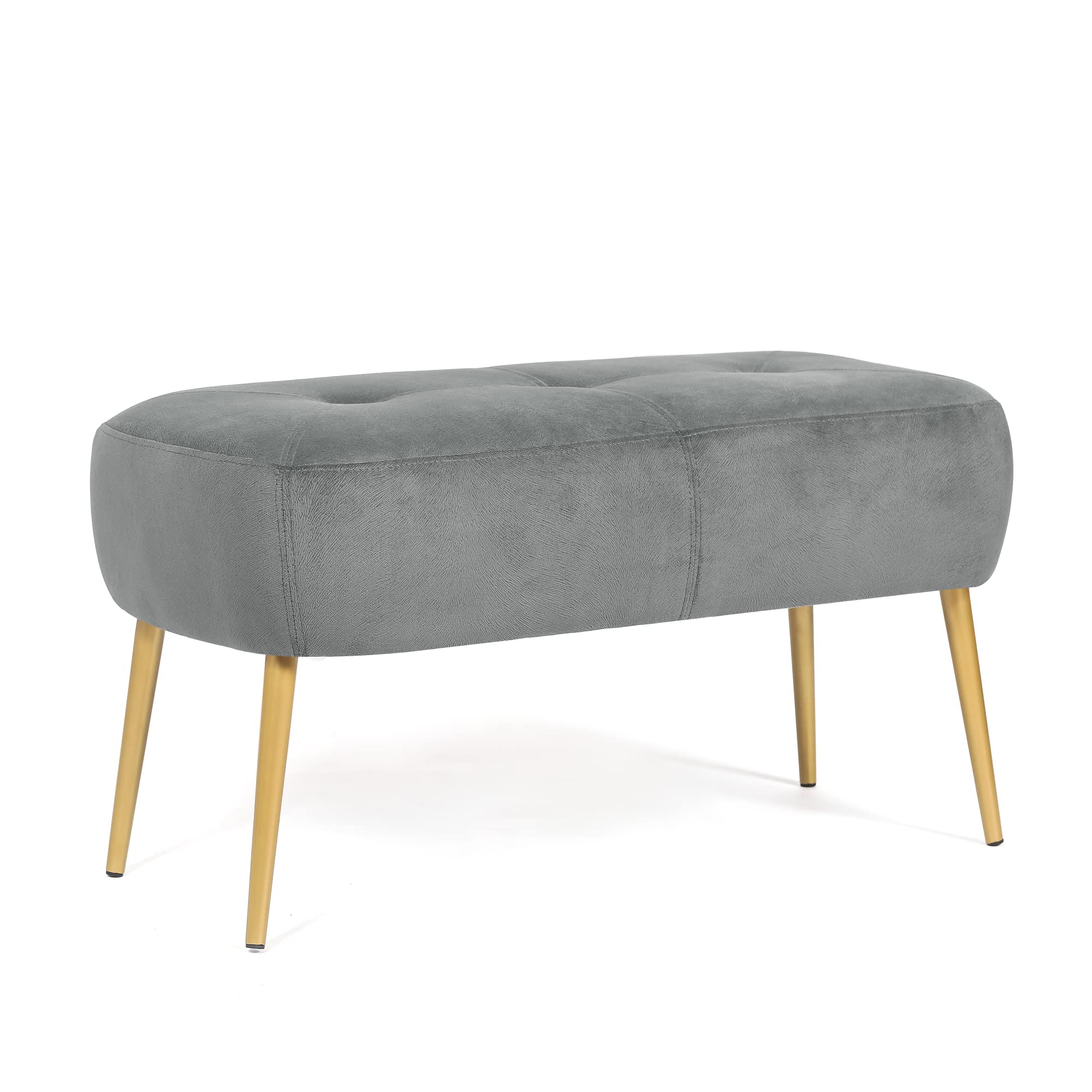 Adeco Upholstered Velvet Ottoman, 33 inch Entryway, End of Bed Benches Stool with Golden Metal Legs for Bedroom, Living Room Footrest, Grey-2