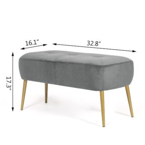 Adeco Upholstered Velvet Ottoman, 33 inch Entryway, End of Bed Benches Stool with Golden Metal Legs for Bedroom, Living Room Footrest, Grey-2
