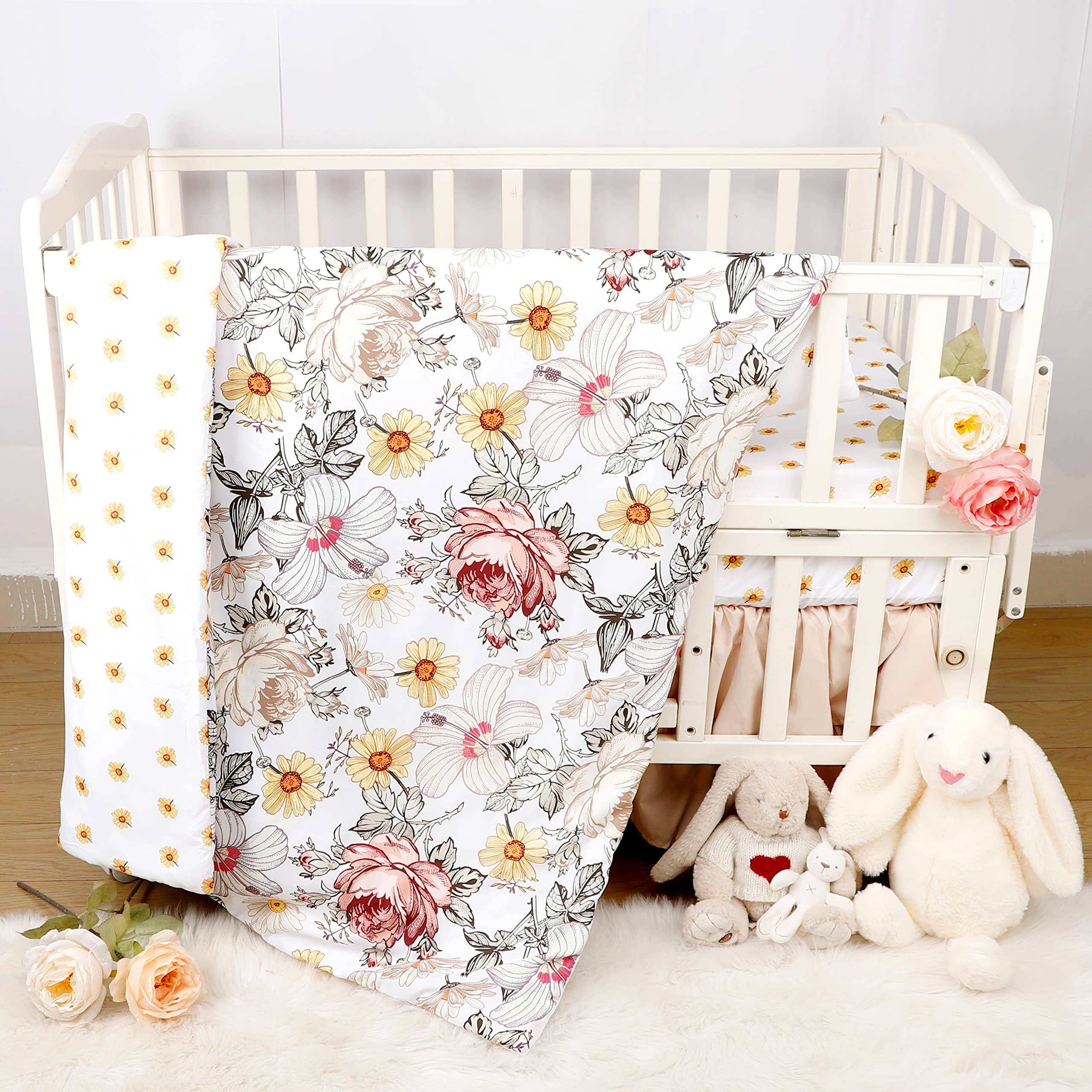 HNHUAMING 4-Piece Crib Bedding Set, Baby Girl Bedding Crib Set, Flower Crib Skirt, Baby Quilt, Crib Sheet and Diaper Stacker